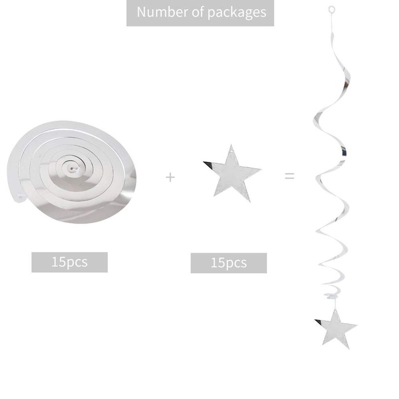 BEISHIDA Silver Star Hanging Swirl Decorations,Hanging Silver Party Supplies for Graduation Wedding Baby Shower Decorations, Pack of 15 - Image 2